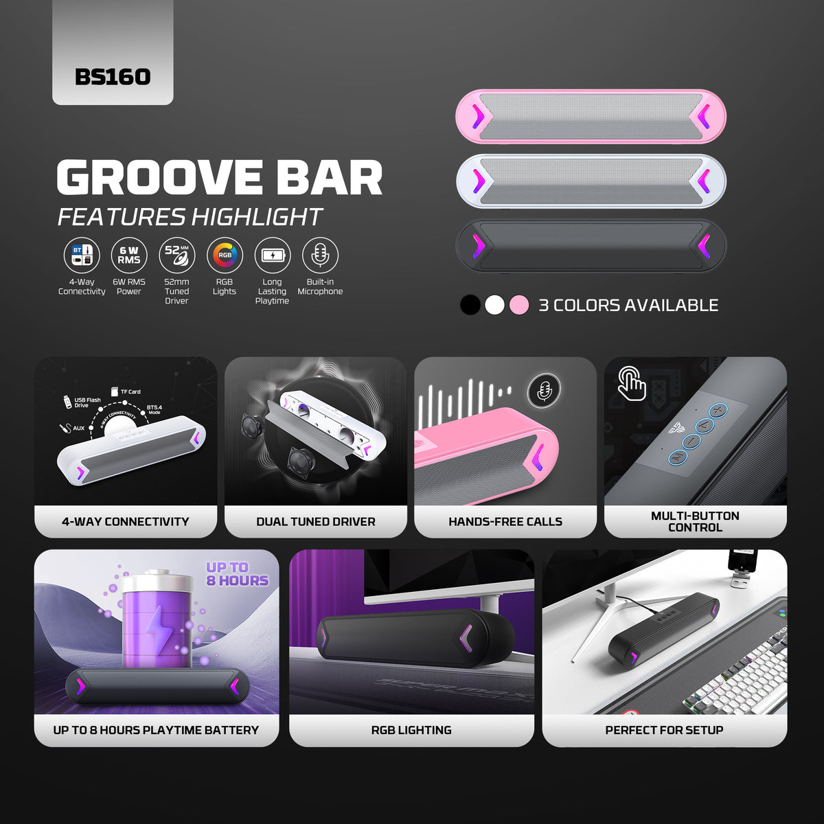 BS160 RGB Portable Wireless Gaming Soundbar Speaker - 6W RMS