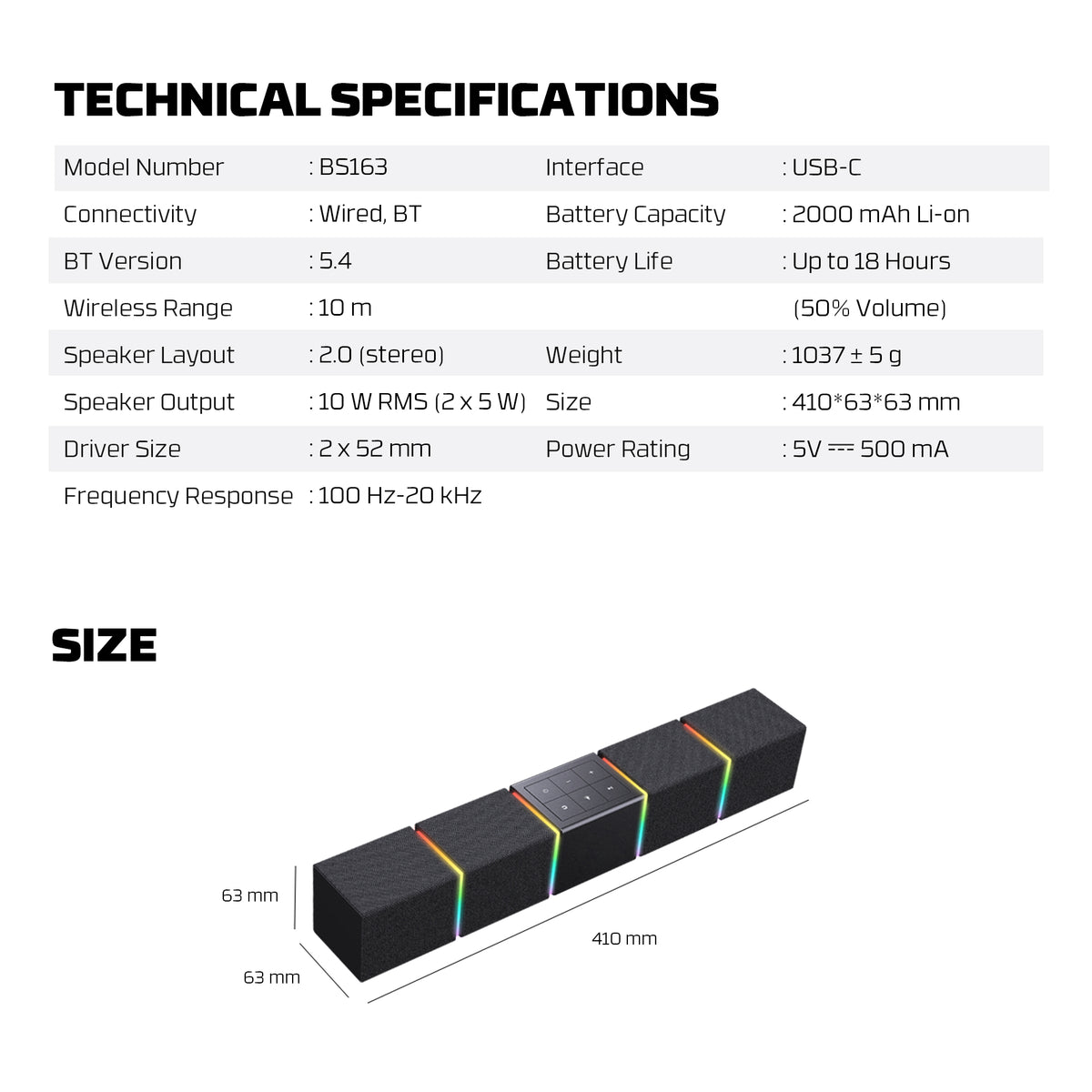 Groove Bar Pro BS163 Portable Gaming Speaker – 10W RMS Computer Soundbar with Bluetooth 5.4 & USB-C