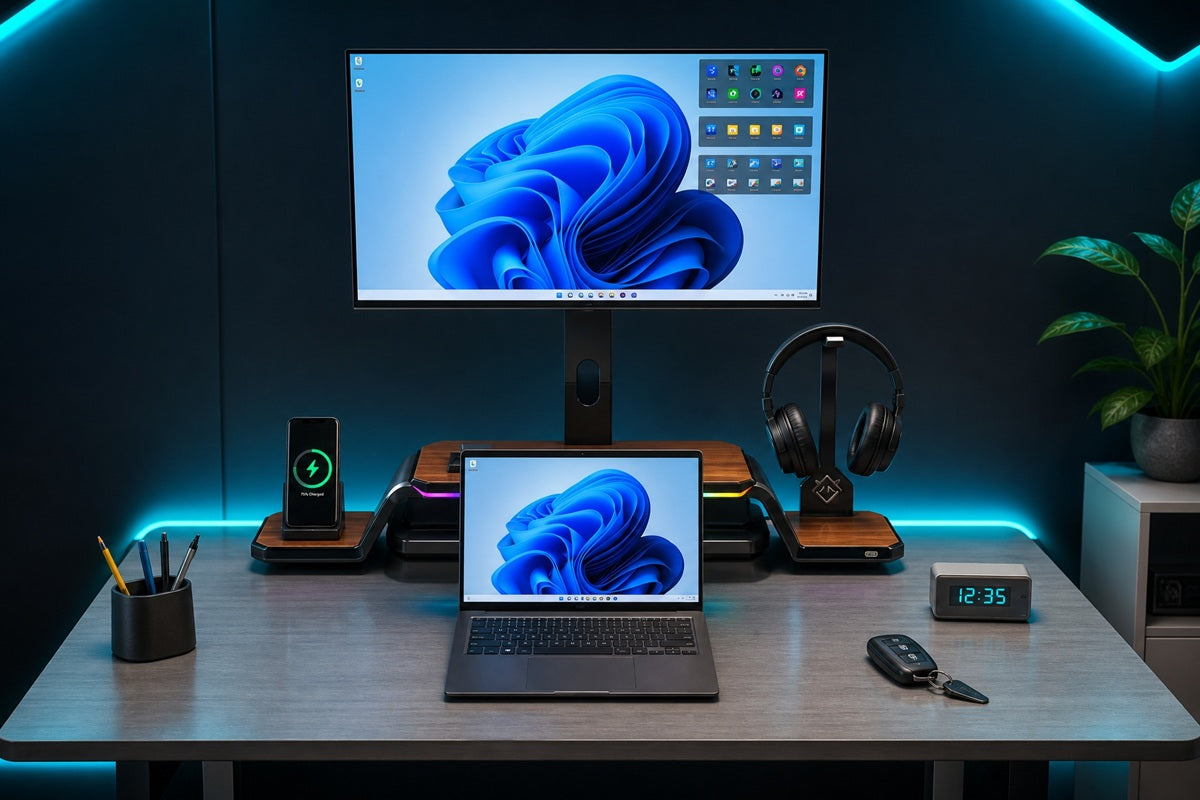clean laptop monitor desk setup with Guilds' Altura stand in Singapore