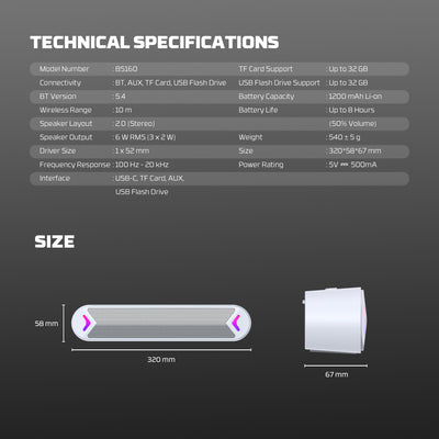 BS160 RGB Portable Wireless Gaming Soundbar Speaker - 6W RMS