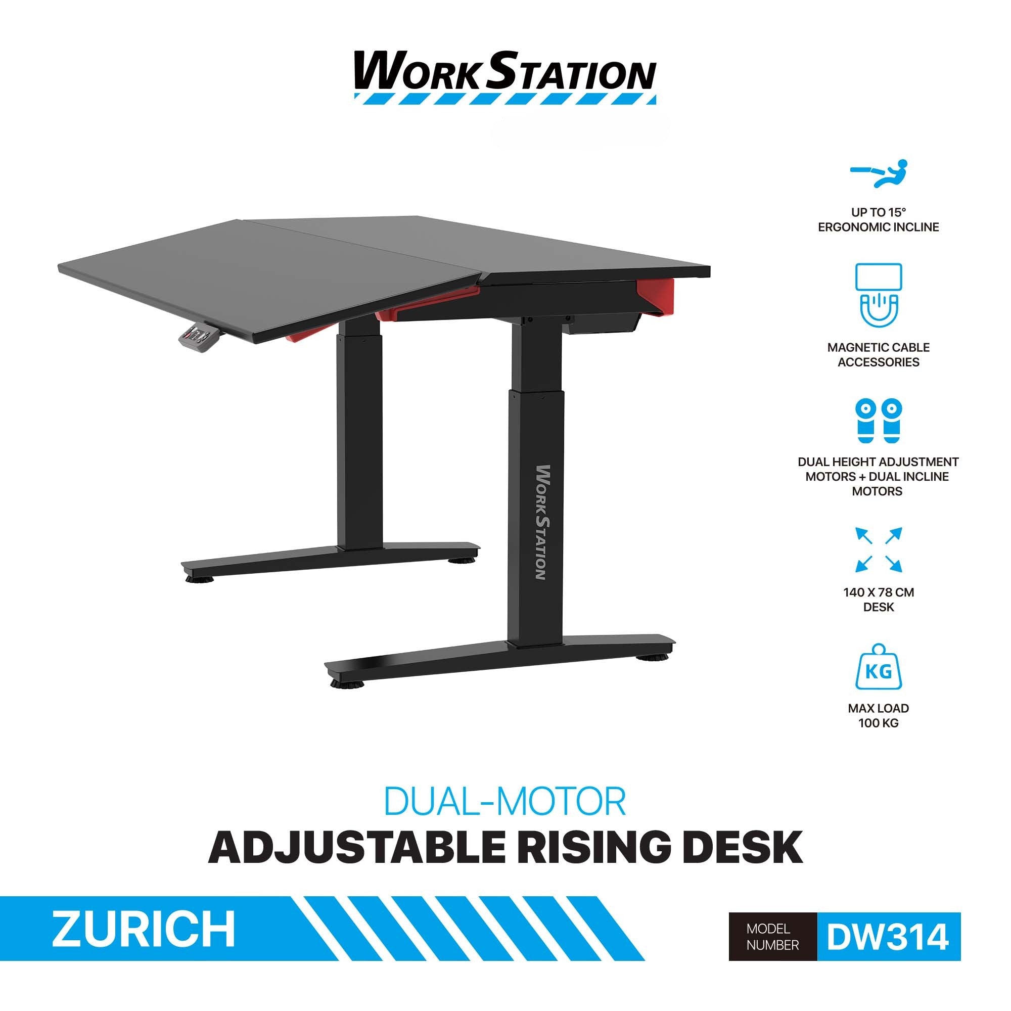 ZURICH DW314 Ergonomic Adjustable Standing Desk - 140cm Quad-Motor Sit-Stand Desk with Tilting Desktop