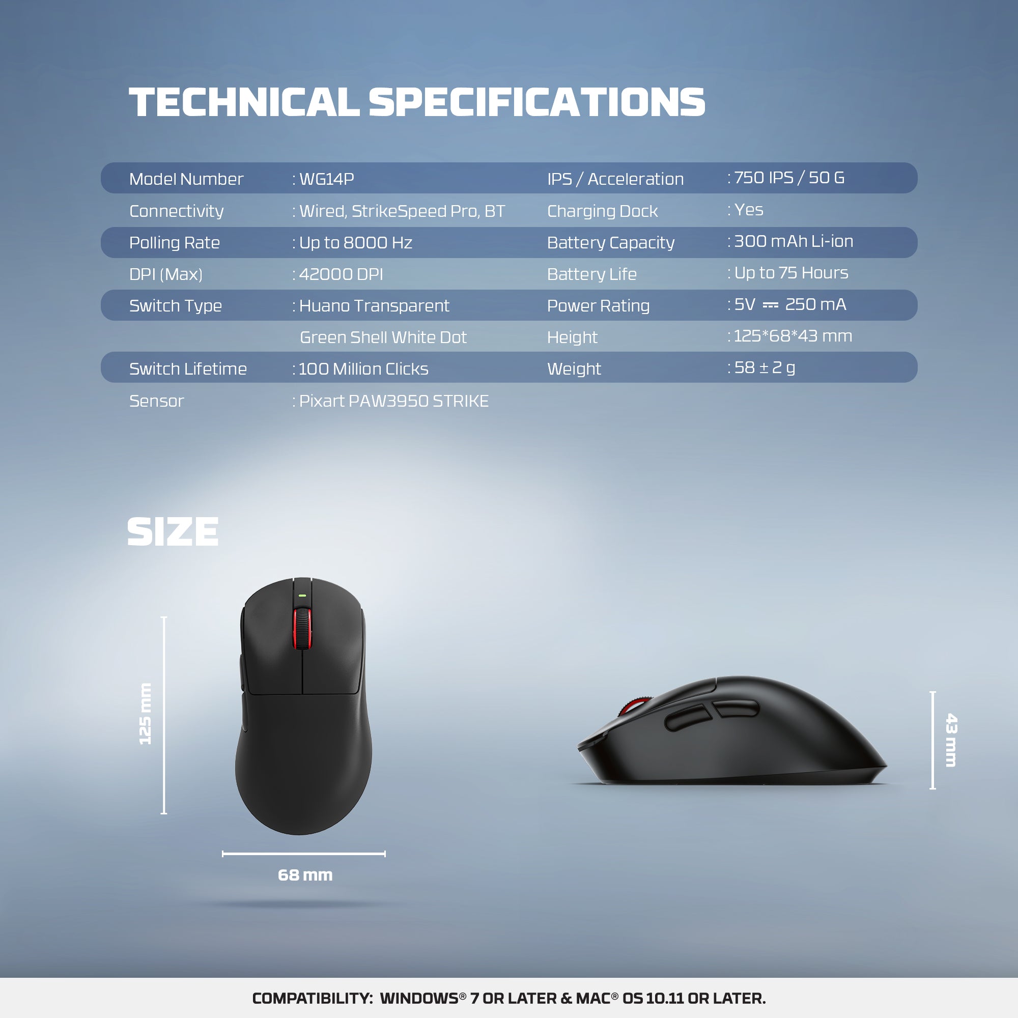 Yari Pro WG14P 8K Hz Ultra-Lightweight Wireless Gaming Mouse - 42,000 DPI, PixArt 3950 STRIKE, RGB Magnetic Dock Included