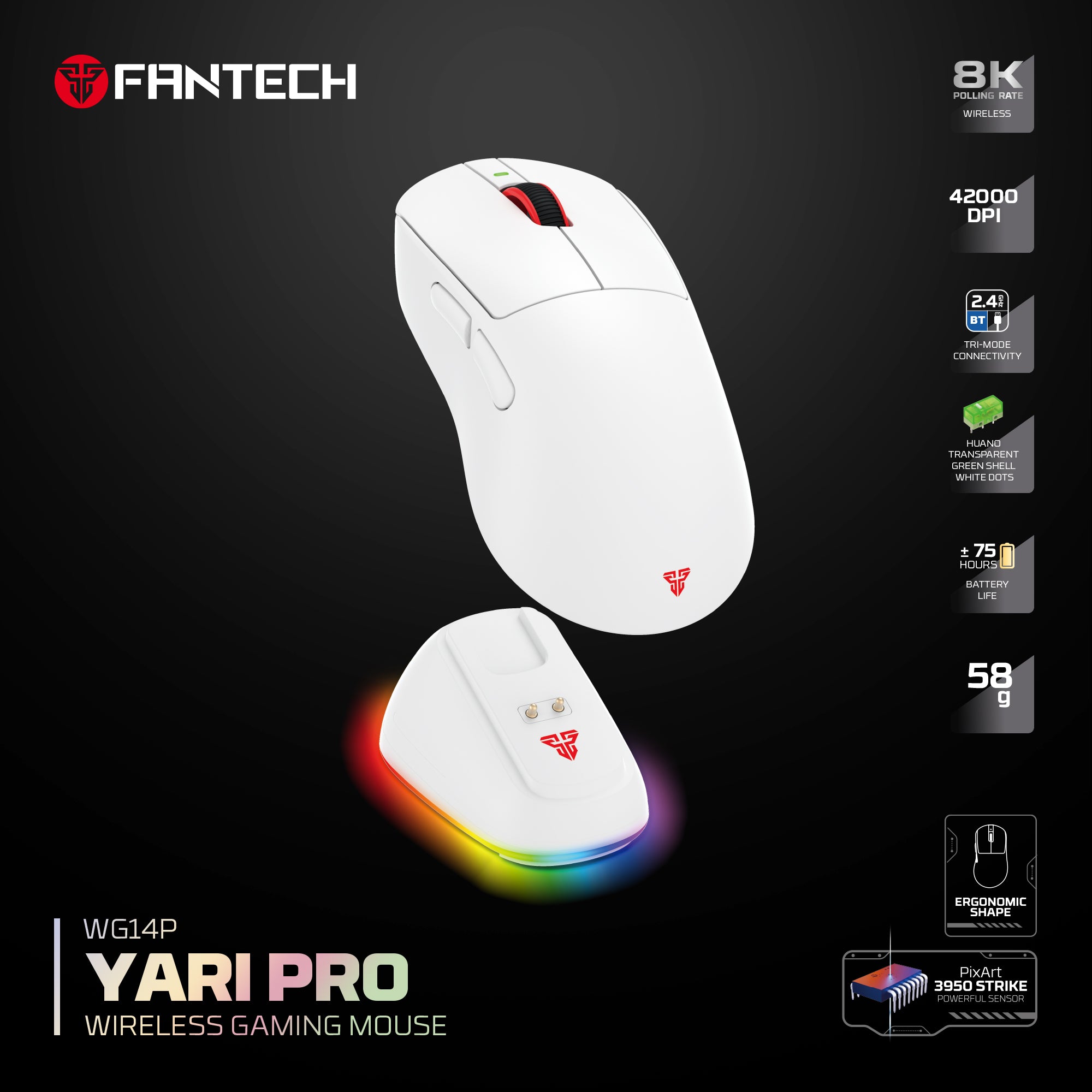 Yari Pro WG14P 8K Hz Ultra-Lightweight Wireless Gaming Mouse - 42,000 DPI, PixArt 3950 STRIKE, RGB Magnetic Dock Included